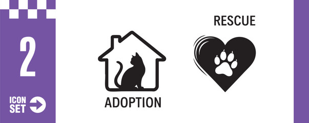 A set of adoption and rescue icons featuring a cat in a house and a heart with a paw print, symbolizing pet adoption and animal rescue efforts