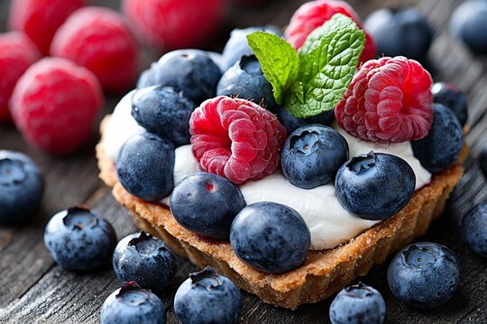 Delicious berry tart with fresh blueberries and raspberries on wooden table