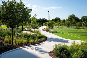 Fototapeta premium Outdoor park with tennis court and lush greenery in bright sunlight