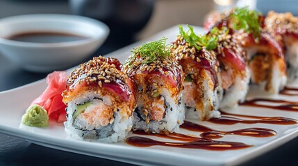 Sushi rolls topped with sauce, sesame seeds, and green garnish on white plate