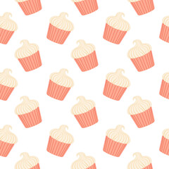 Seamless birthday and Valentine's Day pattern for packaging and wrapping paper. Vector illustration. Cupcake with cream in pink packaging on a white background. Ornament. Festive print.