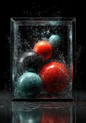 Colorful spheres within a transparent box, surrounded by water splashes