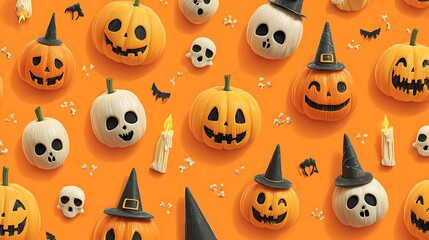 Obraz premium Cute spooky pumpkins with carved cartoon scary faces, tiny skulls, candles, and witch hats on a solid orange background