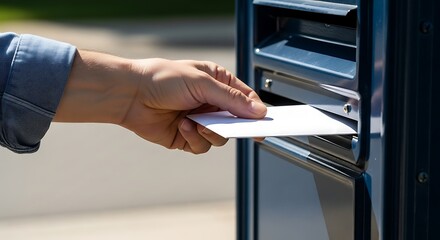A person's hand carefully slides a white envelope into a blue public mailbox slot.