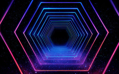 Neon Hexagonal Tunnel with Glowing Lines in Space Background
