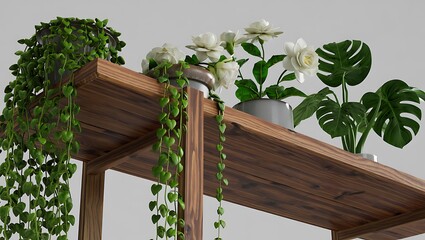 Close up of lush green houseplants on a rustic wooden shelf