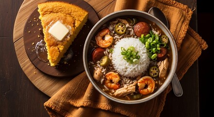 Hearty bowl of Louisiana gumbo with shrimp, chicken, sausage, and rice, served alongside a slice of buttery cornbread on a wooden board.