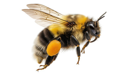Isolated bumblebee carrying pollen, close up, detailed view with fluffy fur, full body shot