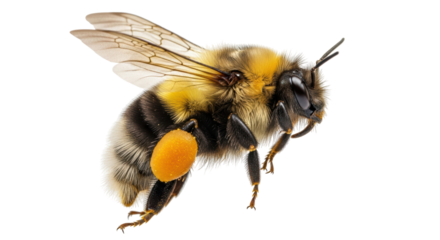 Isolated bumblebee carrying pollen, close up, detailed view with fluffy fur, full body shot