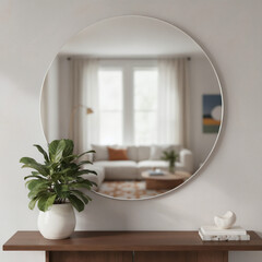  a modern interior with a round mirror reflecting a living room scene. A plant, books, and a decorative object are placed on a wooden console table below the mirror.