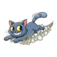 Playful Cat with a Spring: A cartoon cat, full of energy and glee, playfully interacts with a bouncy spring, conveying pure joy and lightheartedness.