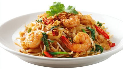 Plated Pad Thai with shrimp, sprouts, chilies, and herbs on a white plate