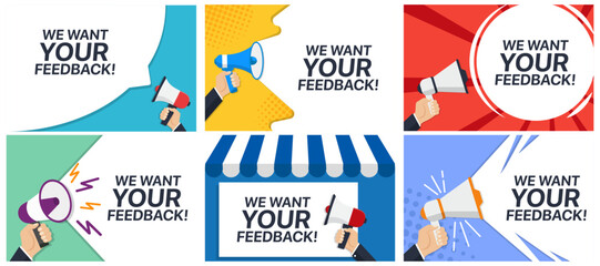 Hand holding megaphone with feedback in speech bubble in a flat design