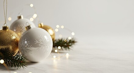 Elegant christmas background with white and gold baubles, elegant holiday decor