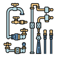 Plumbing and Industrial Pipe System Color Vector, Water Supply, Valves, and Pipeline Elements