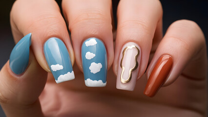 Sky Blue Nails with One White Cloud Accent – Minimal & Whimsical Nail Art for a Calm, Clean Look