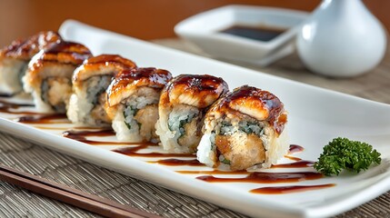Eel sushi rolls on a white plate with chopsticks and sauce
