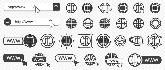 Internet globe collection. World wide web icons with www address bars and global network symbols
