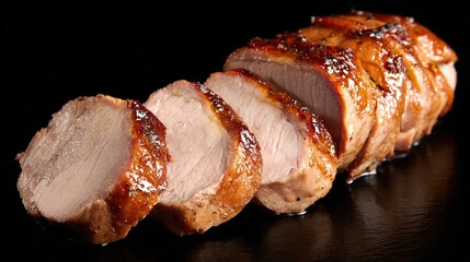 Roasted pork tenderloin sliced, juicy center, caramelized crust on black background