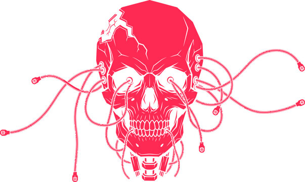 Crimson skull with visible cracks and attached cables presents a futuristic and edgy vibe against a clean white backdrop, ideal for science fiction or technology-related creative projects.