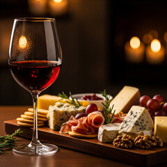 Glass of red wine with cheese platter