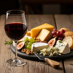 Glass of red wine with cheese platter