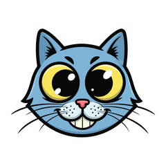 Playful Feline Delight: An illustrated cartoon cat with wide, expressive eyes and a charming smile, embodying the spirit of playful joy and happiness.