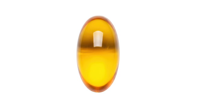 Isolated omega-3 vitamin capsule with shiny highlights in a clear soft gel casing supplement