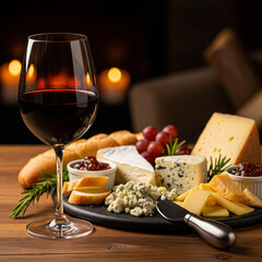 Glass of red wine with cheese platter