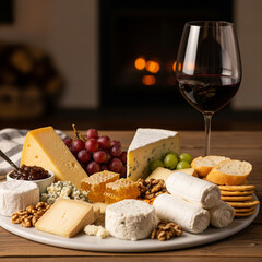 Glass of red wine with cheese platter