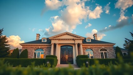 Majestic luxury house entrance with grand double doors and elegant stone columns under golden hour lighting.