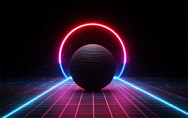 Retro Futuristic Sphere with Neon Circles and Grid Background