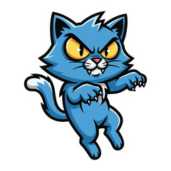 Furious Cartoon Cat: A vibrant, cartoonish cat with intense yellow eyes and a menacing snarl, poised with outstretched claws against a stark background, embodying playful mischief.