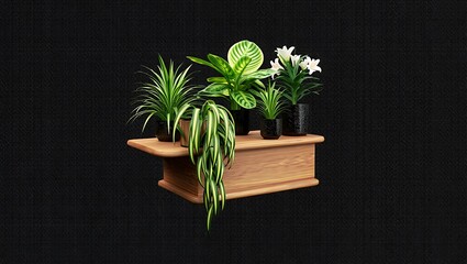 Collection of various green houseplants in pots on a wooden stand