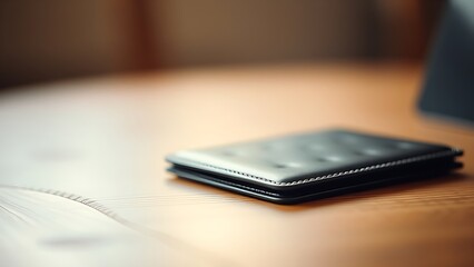 A sleek wallet lies on a wooden surface, highlighted by warm ambient lighting in a minimalist setting.