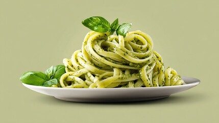Pesto pasta dish piled high with basil garnish, presented on an inviting white plate