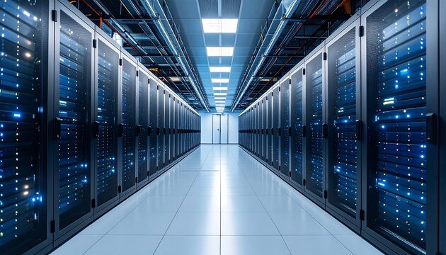 Server room interior with rows of computer cabinets - Powered by Adobe