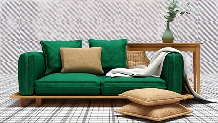 Modern green sofa with decorative pillows and a wooden side table