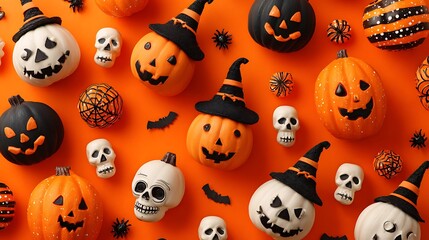 Adorable spooky pumpkins with cheerful scary expressions, mini skulls, candles, and witch hats on orange