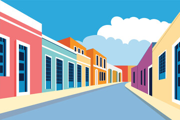 The community street in a coastal town with colorful and beautiful buildings