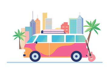 Colorful retro van with a guitar and surfboards parked amidst palm trees ready for a road trip adventure on a sunny