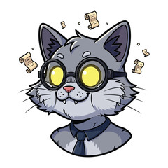 Clever Cat with Vintage Style: A captivating illustration of a smart cat sporting spectacles and a tie, surrounded by floating scrolls. This artwork captures the essence of intellect and timelessness.