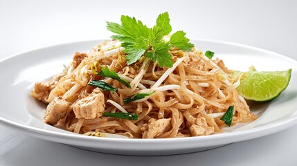 Pad Thai noodles with tofu, bean sprouts, garnish and lime wedge on a plate