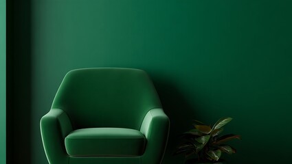 Minimalist armchair in a monochromatic green room with subtle plant detail