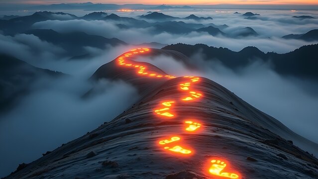 Glowing footprints ascending misty mountains, representing the challenging path of personal health journeys.