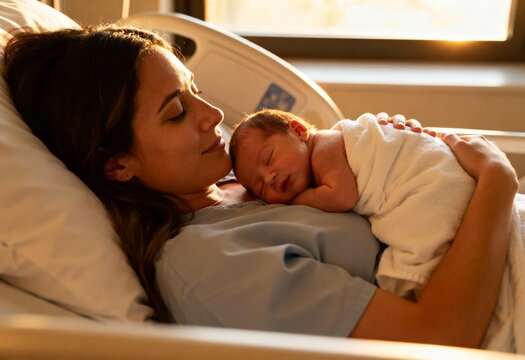 Mother resting in hospital bed holding newborn baby on chest, tender moment of love, bonding and care after childbirth in maternity ward with natural sunlight