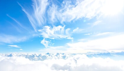 High-altitude view of a vibrant blue sky with fluffy white clouds