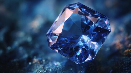 Faceted blue crystal gem with internal reflections, on textured surface, bokeh