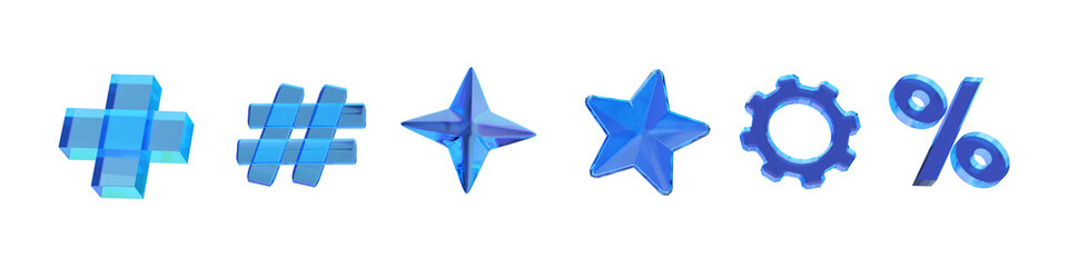 Abstract 3d holographic shapes on transparent background. 3d render set of icons made of reflective and refractive material. Stars, bools, circles. PNG