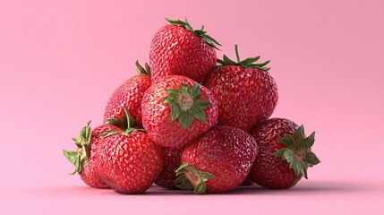 A pyramid of shiny red strawberries on a pink background